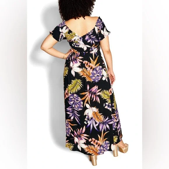 City Chic Skye Off Shoulder Print Maxi Dress - black size 14 - Picture 4 of 14